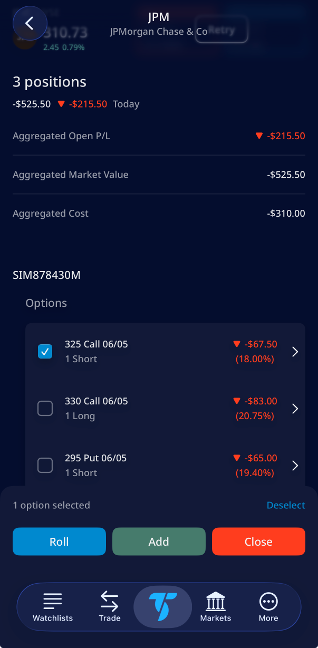 TradeStation Mobile App displaying jade lizard spread position for monitoring and management | 16:9 | TS Logo + Born to Trade branding in upper right corner