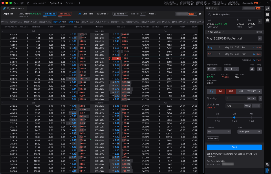 TITAN X bull put spread selector with inline Greeks and max profit loss display