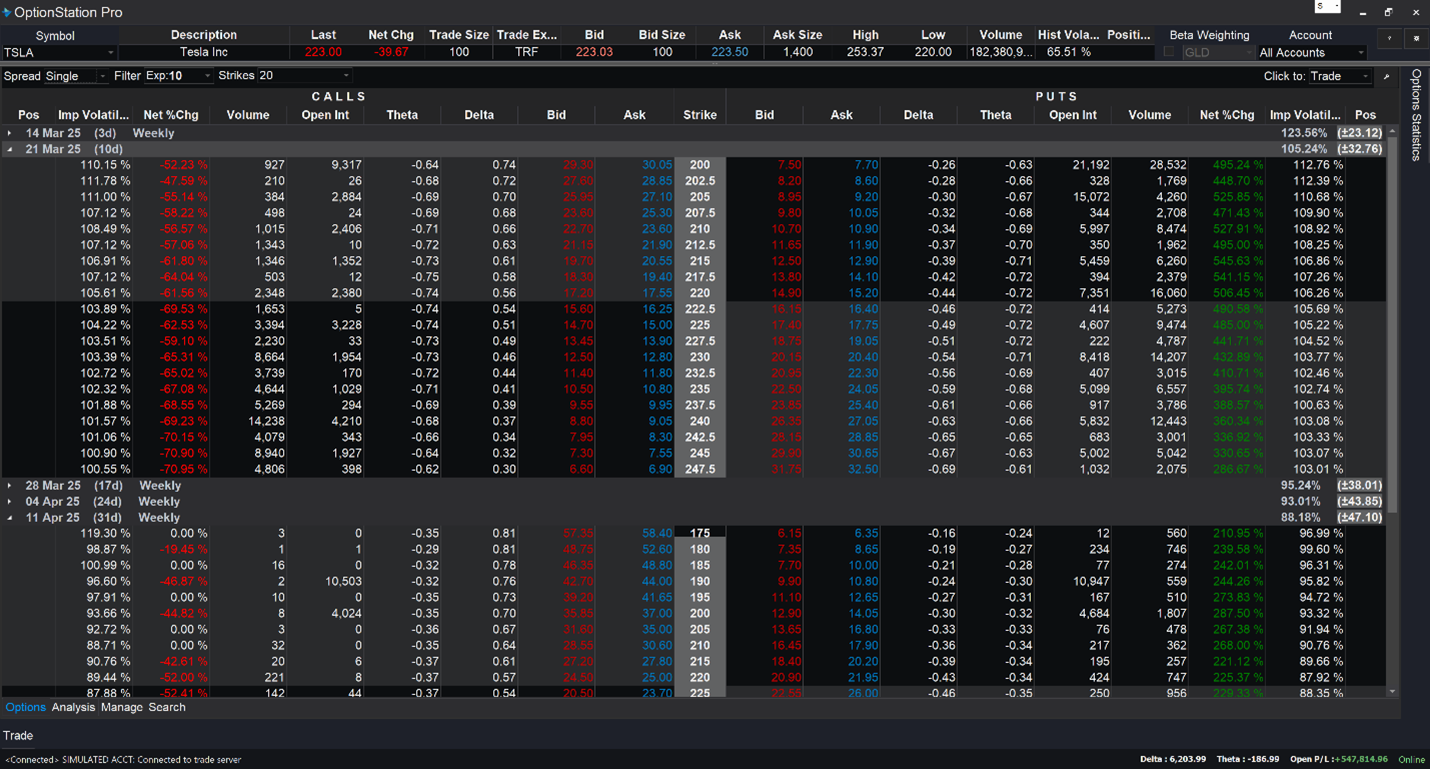 OptionStation Pro interface showing at the money (ATM) options chain and pricing