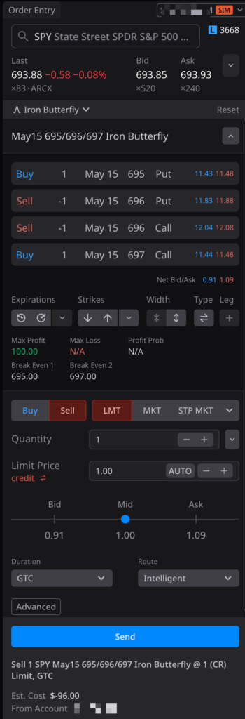TITAN X options chain with iron butterfly selected in spread selector, showing all four legs highlighted with inline Greeks columns visible